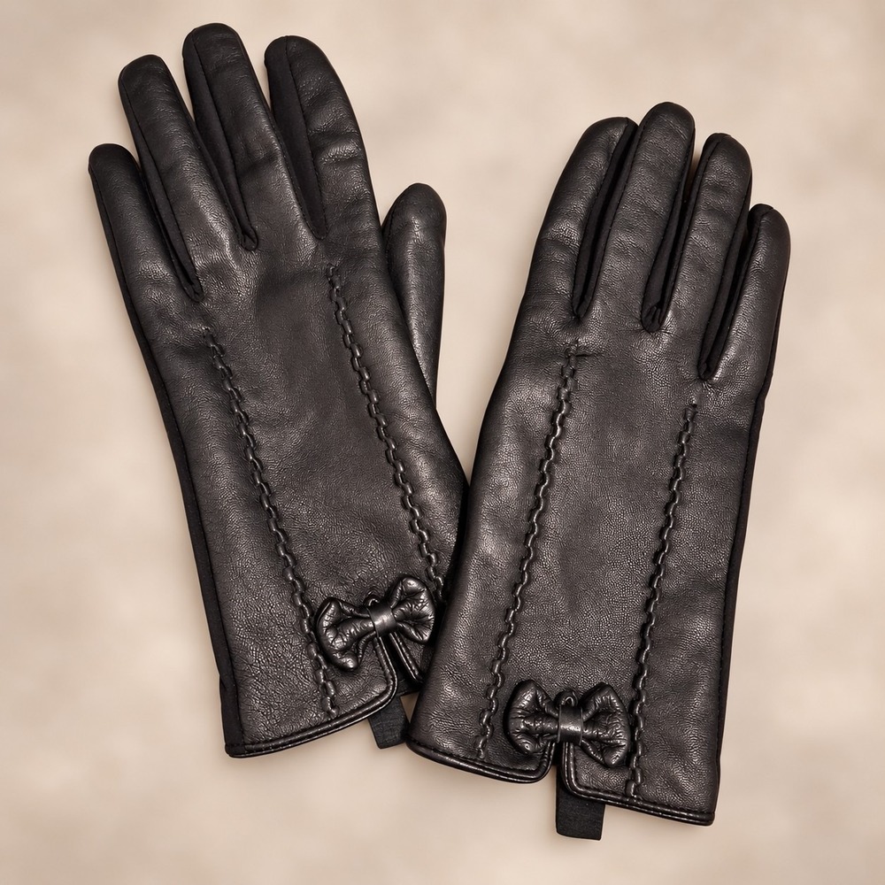 Womens Black Leather Upper Gloves Bow Accent Stretch Palm Coquette Winter Dress
